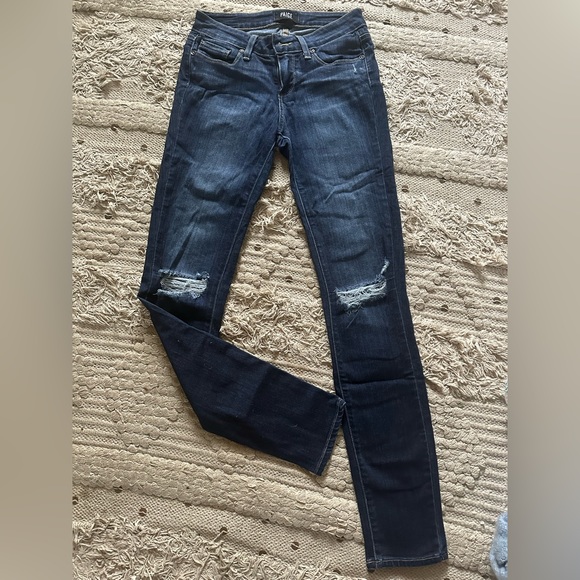 PAIGE Denim - Dark skinny jeans, ripped knees, size 25, low rise